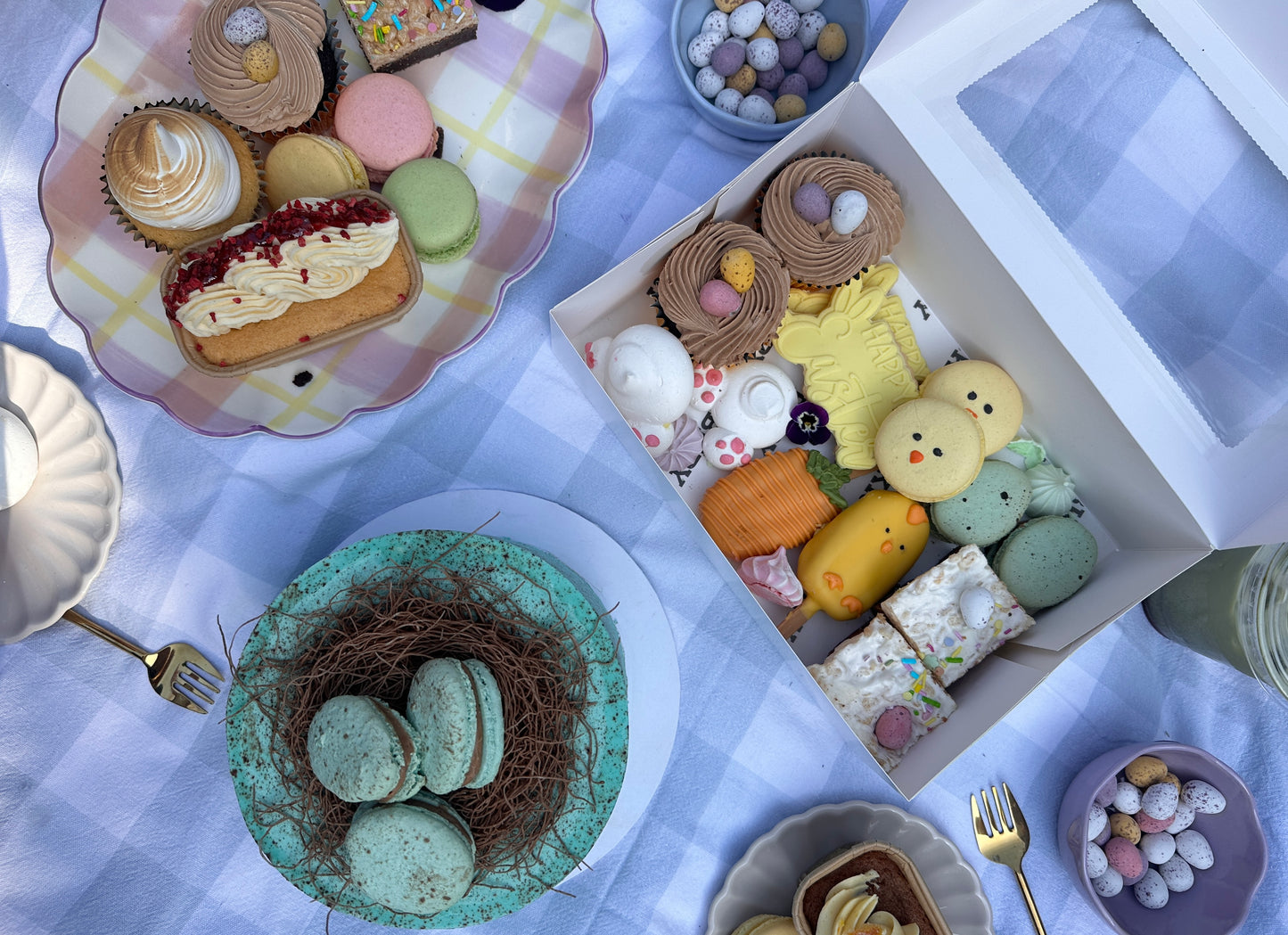 Easter treat box with decorative ribbon and Easter treats