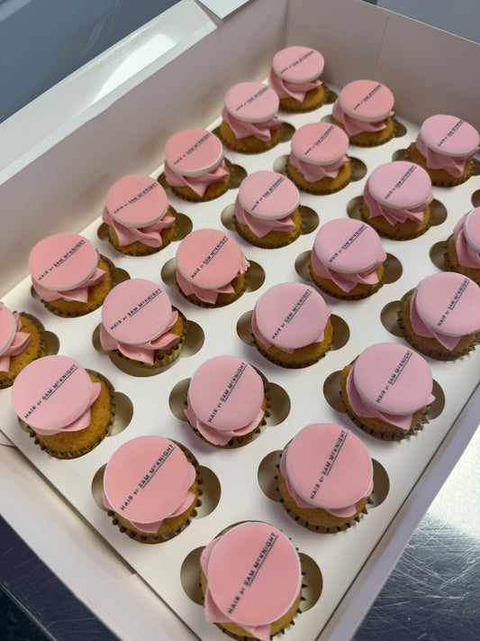 Box of 24 branded mini cupcakes decorated with custom logo design