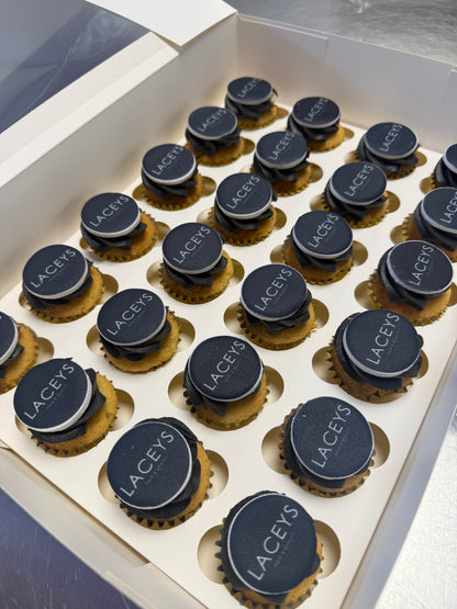 Branded mini cupcakes with custom colours and edible logo topper