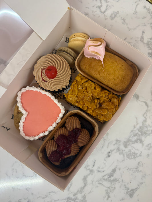 Valentine's BKRY treat box with romantic bakes and ribbon