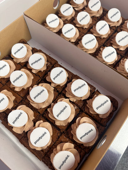 Logo Brownie Bites with custom edible logo on Belgian chocolate