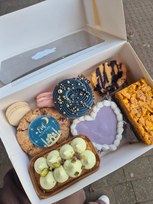 Eid Mubarak BKRY treat box with midnight blue ribbon and edible gold decoration